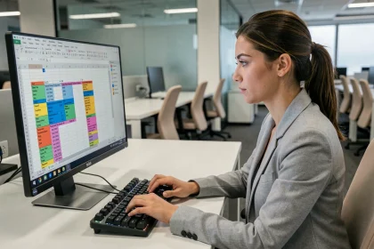 Femme utilisant des raccourcis clavier Excel dans un bureau moderne