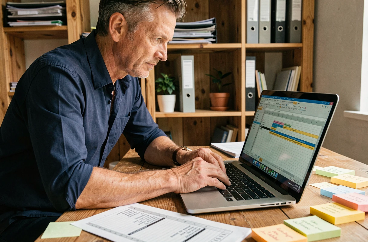 Homme travaillant sur Excel avec un guide de raccourcis clavier imprimé à son bureau