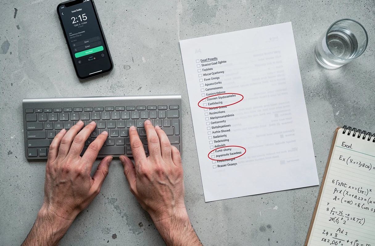 Vue aérienne des mains utilisant un raccourci clavier Ctrl+C sur Excel avec un guide imprimé