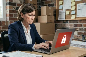 Cheffe d'une petite entreprise stressée face à un écran d'ordinateur affichant un message de ransomware avec cadenas rouge dans un bureau modeste
