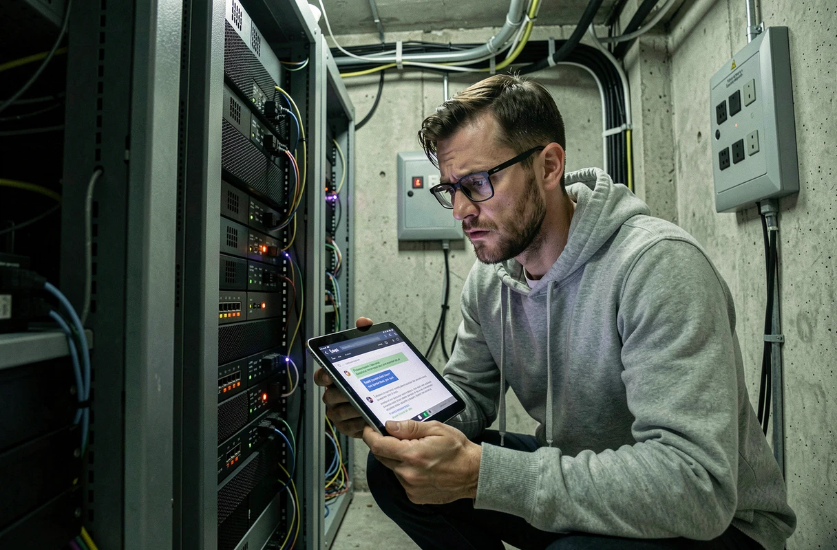 Technicien informatique d'une PME inspectant des alertes de ransomware sur une tablette dans une salle serveur étroite