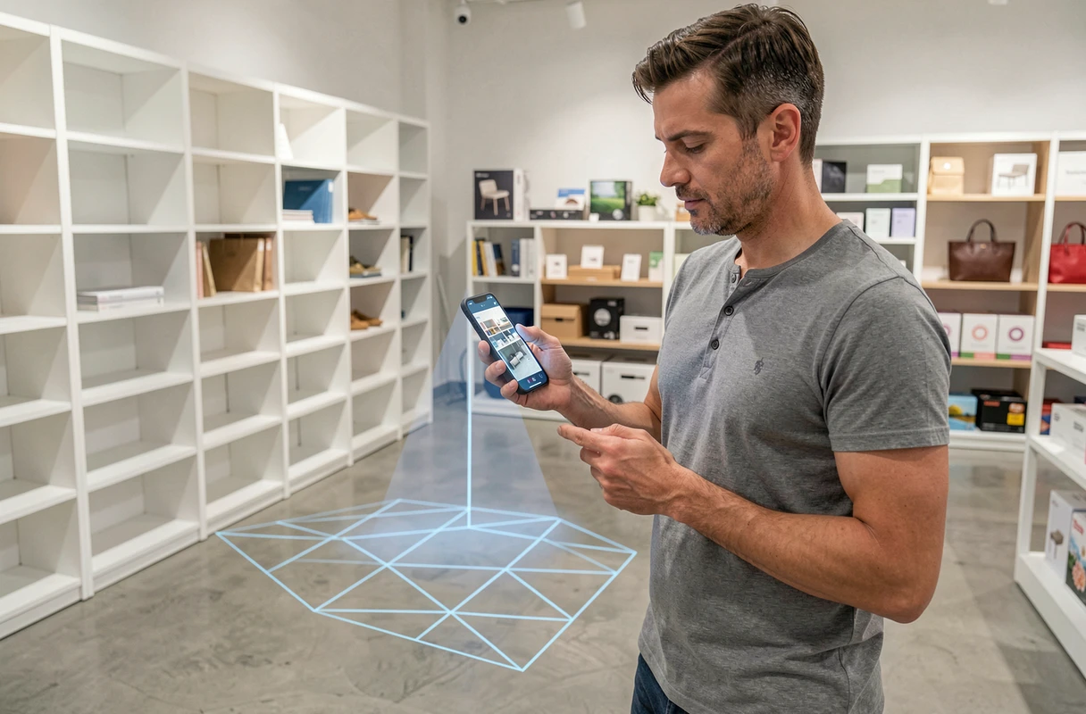 Homme utilisant la réalité augmentée sur smartphone pour visualiser des meubles dans un magasin de commerce moderne