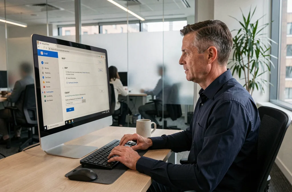 Homme paramétrant un compte mail AOL via IMAP dans Gmail sur un écran de bureau en open space professionnel