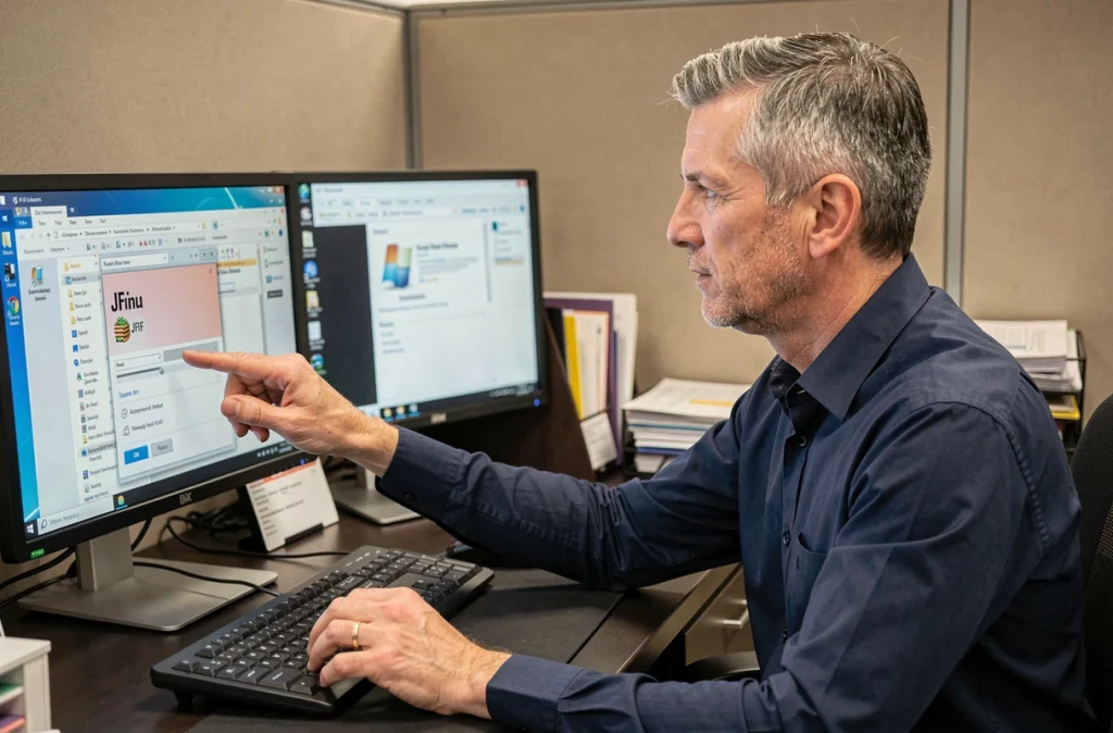 Homme renommant un fichier JFIF en JPEG sur un ordinateur Windows dans un bureau professionnel
