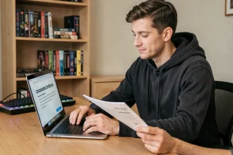 Homme consultant un écran de résiliation d'abonnement gaming sur un ordinateur portable dans un bureau à domicile