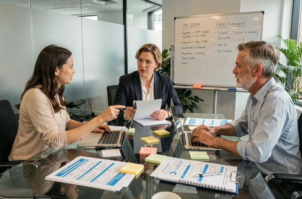 Équipe pluridisciplinaire en réunion de travail sur la conformité RGPD et la protection des données de santé