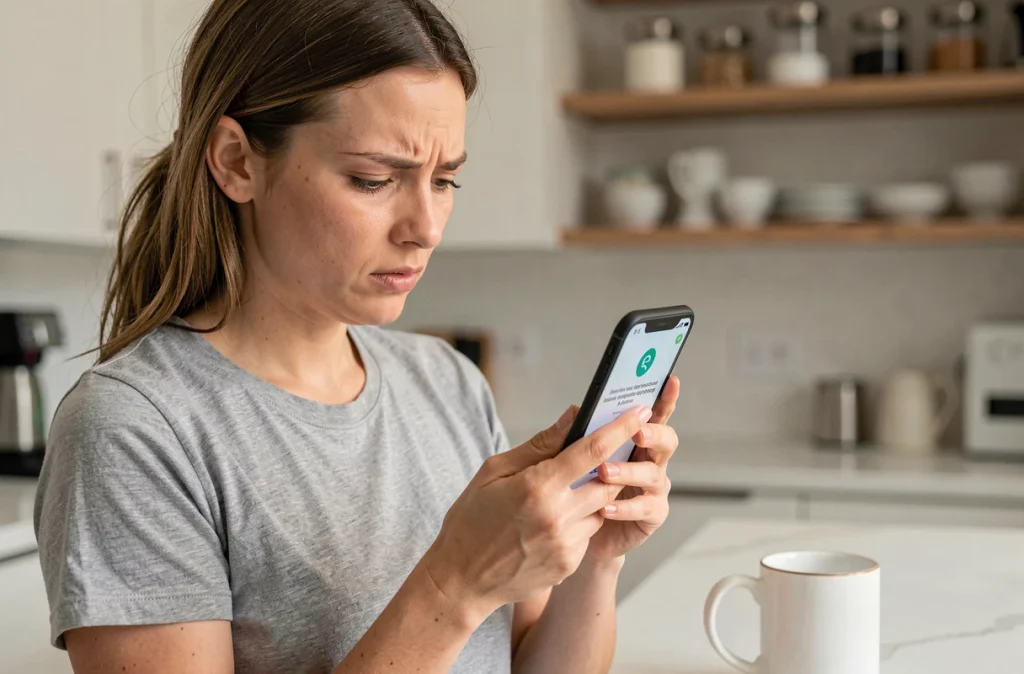 Femme vérifiant la double authentification de son compte Valorant sur smartphone dans une cuisine moderne
