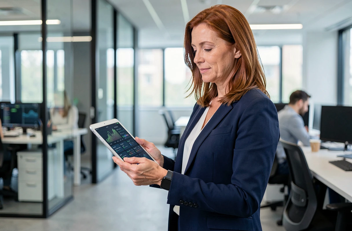 Professionnelle en cybersécurité analysant les données de sécurité d'une montre connectée dans un environnement de bureau moderne