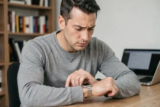 Homme consultant sa montre connectée dans un bureau à domicile, préoccupé par la sécurité de ses données personnelles