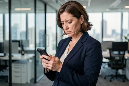 Femme professionnelle examinant la sécurité de son smartphone dans un bureau moderne
