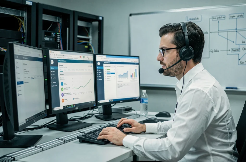 Technicien du support informatique aidant un utilisateur sur l'accès et la sécurité d'une messagerie en ligne depuis un poste de travail multi-écrans