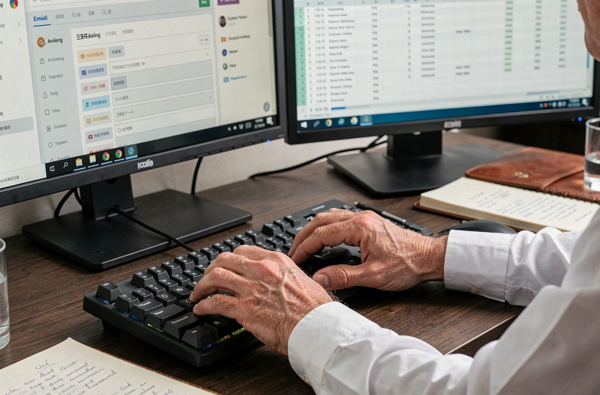 Mains d'un professionnel tapant sur un clavier devant un tableau de bord d'archivage d'e-mails avec filtres de conformité