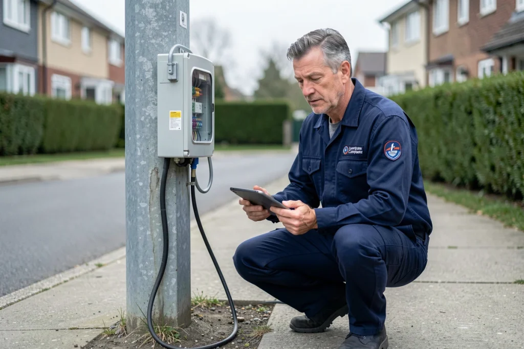 Technicien fibre optique intervenant sur un boîtier de raccordement dans un quartier résidentiel