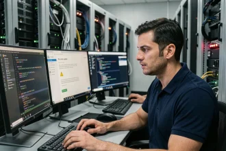 Technicien informatique effectuant une mise à jour logicielle sur un poste de travail multi-écrans dans une salle serveur professionnelle