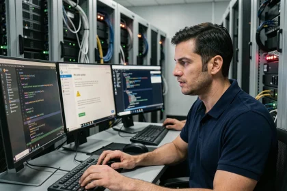 Technicien informatique effectuant une mise à jour logicielle sur un poste de travail multi-écrans dans une salle serveur professionnelle