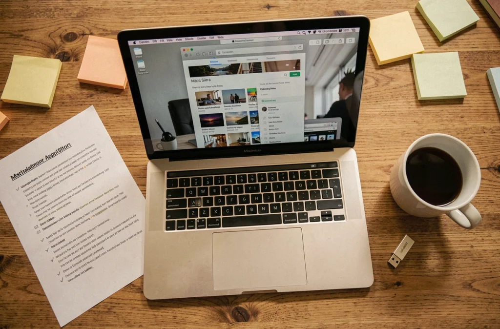 Vue aérienne d'un bureau avec MacBook Pro affichant la page de téléchargement de macOS Sierra sur l'App Store