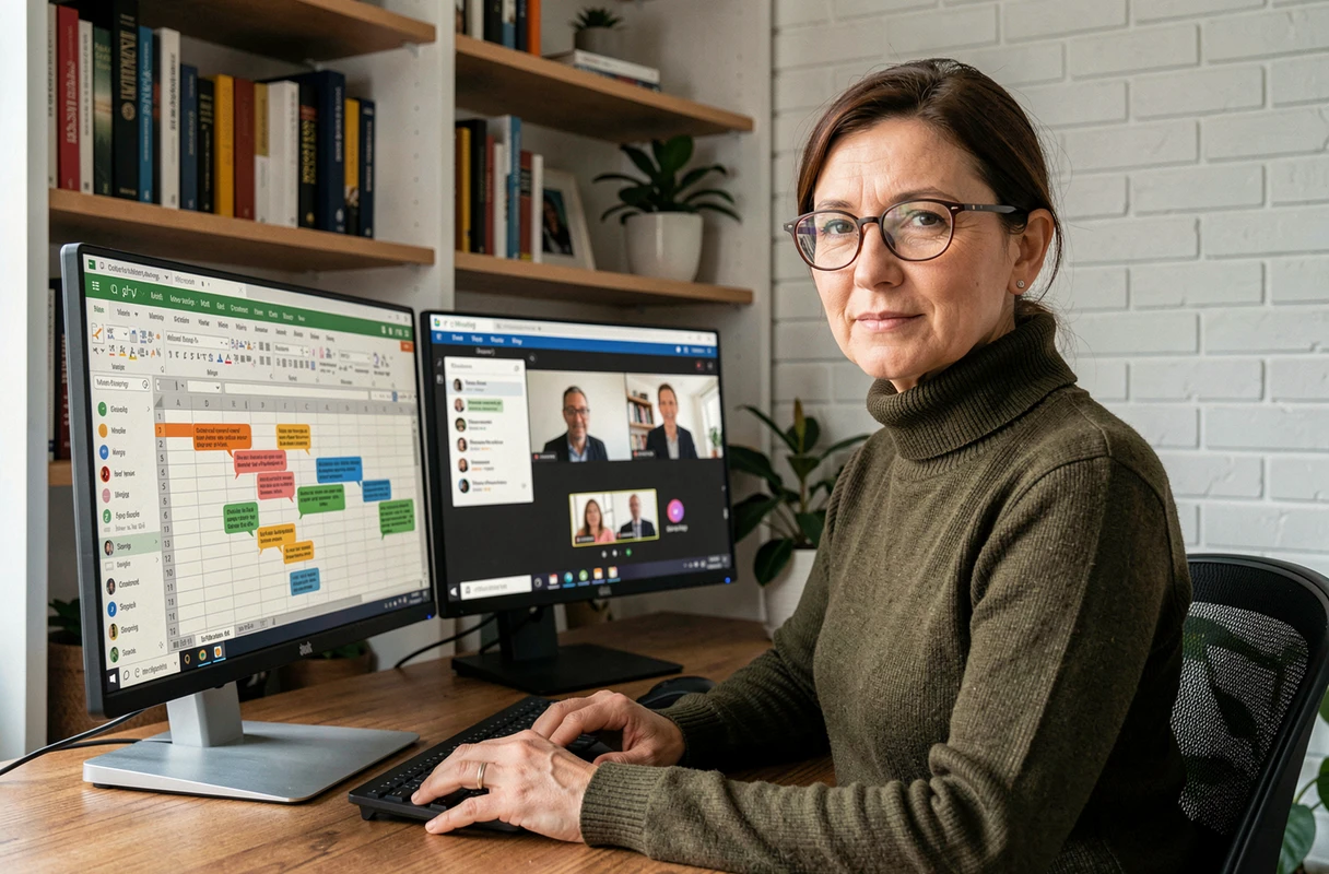 Femme en télétravail collaborant sur un tableau Excel partagé depuis son bureau à domicile