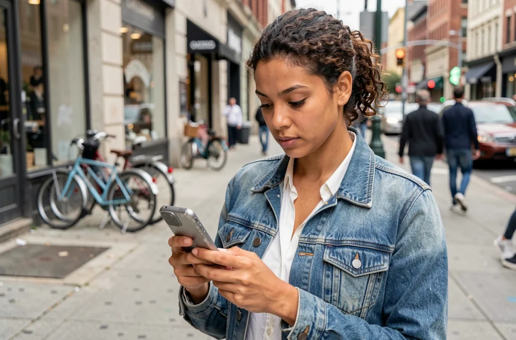 Femme analysant les performances de son Google Pixel en extérieur après plusieurs mois d'utilisation quotidienne