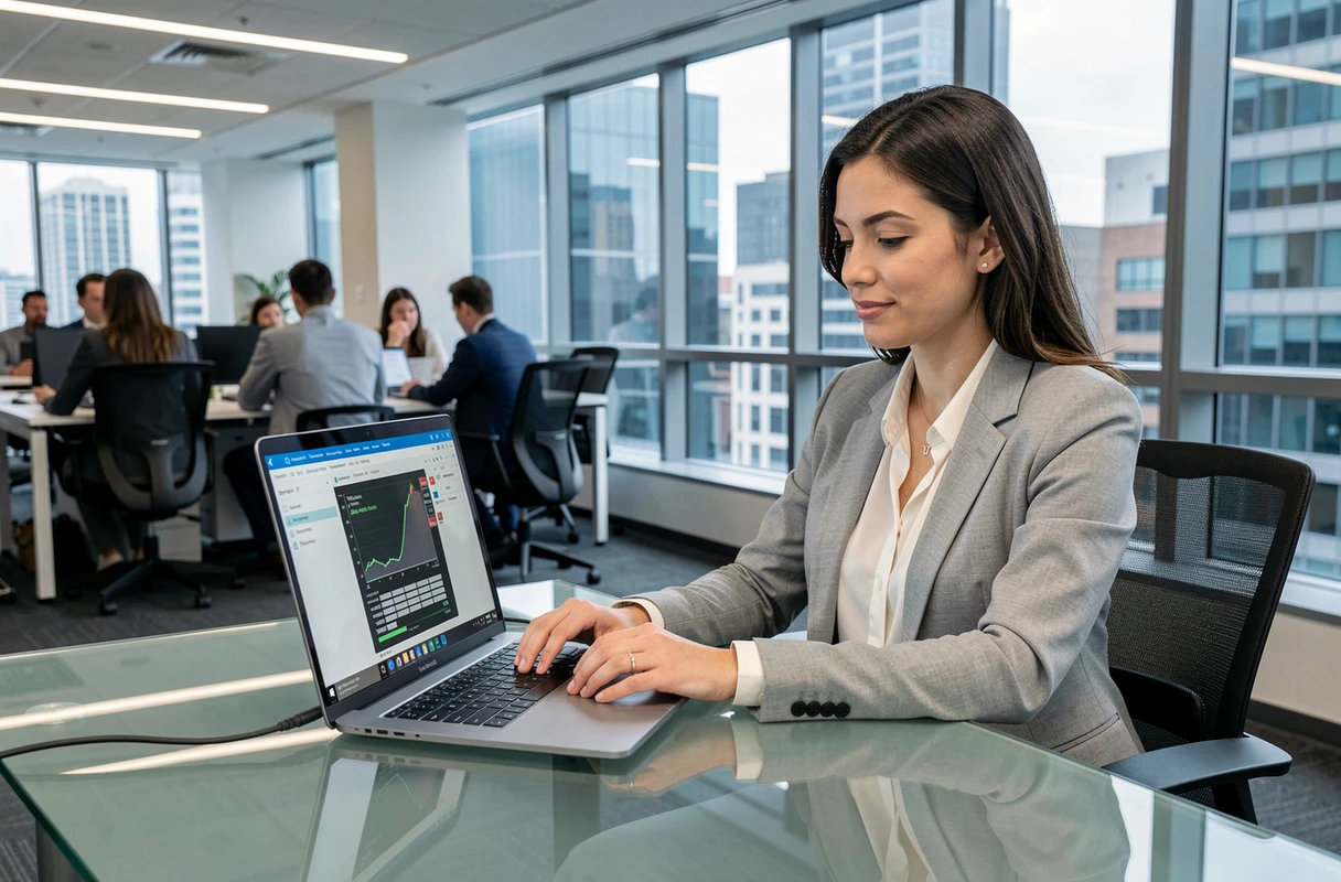 Femme en blazer gris testant les performances d'un PC portable nouvelle génération dans un bureau d'entreprise moderne