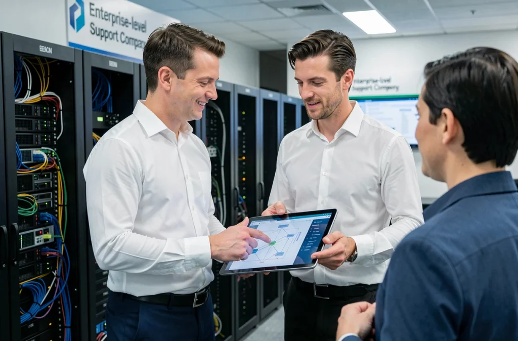 Consultant Adfis présentant un plan d'infrastructure réseau à un client professionnel dans un bureau moderne