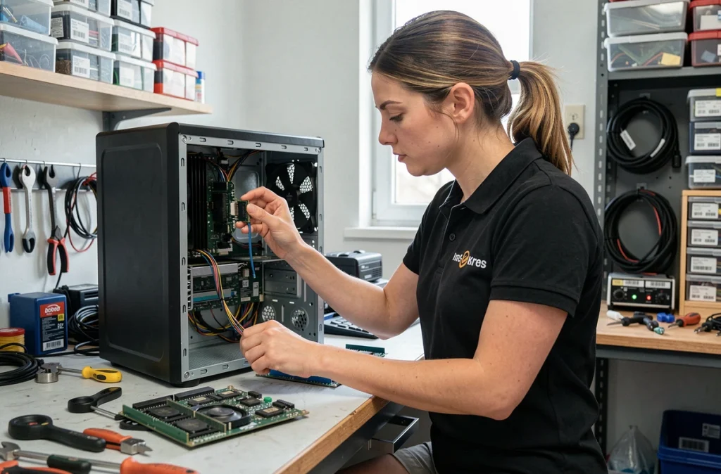 Technicienne d'Al'Informatique Services installant de la mémoire RAM dans un ordinateur de bureau