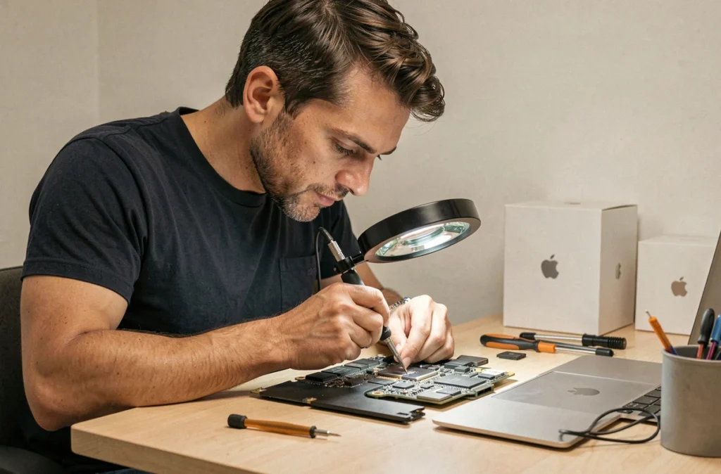 Alexandre G., réparateur Mac indépendant à Nanterre, soudant un micro-composant sur une carte mère de MacBook