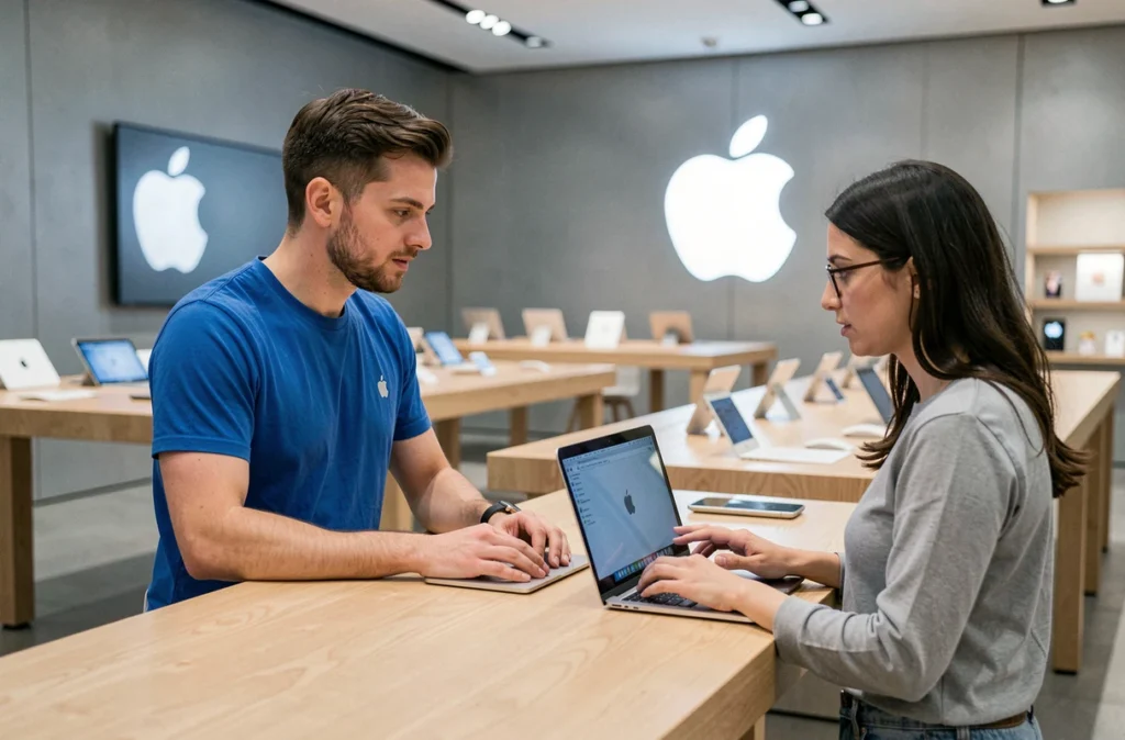 Genius Bar de l'Apple Store Vélizy 2 avec un technicien Apple conseillant une cliente au sujet de son MacBook
