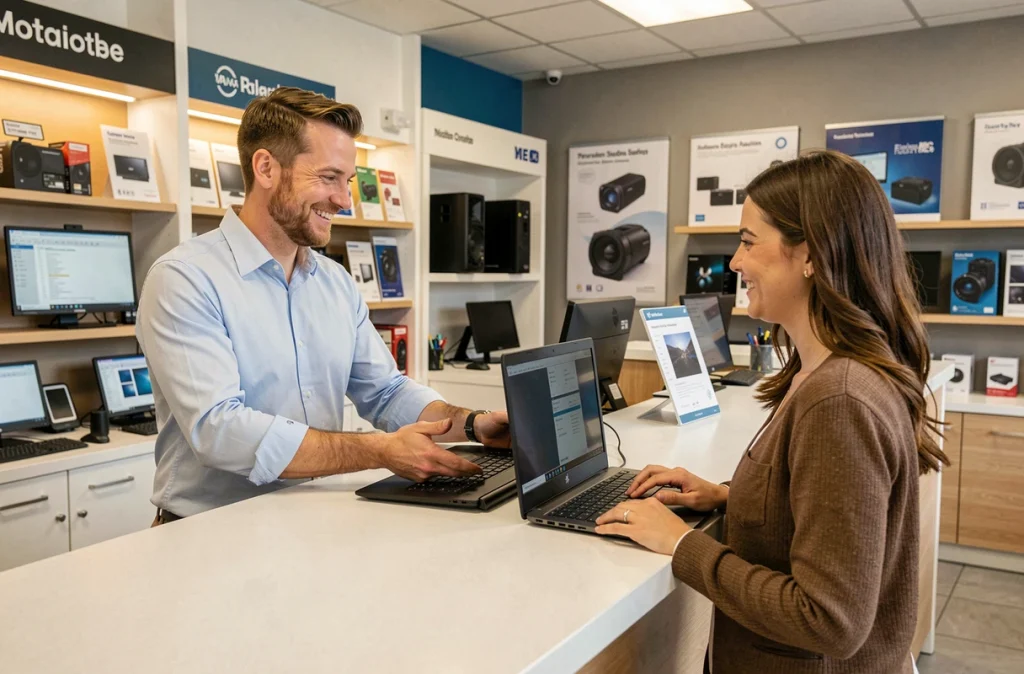 Consultant de C-micro remettant un ordinateur réparé à un client satisfait dans sa boutique
