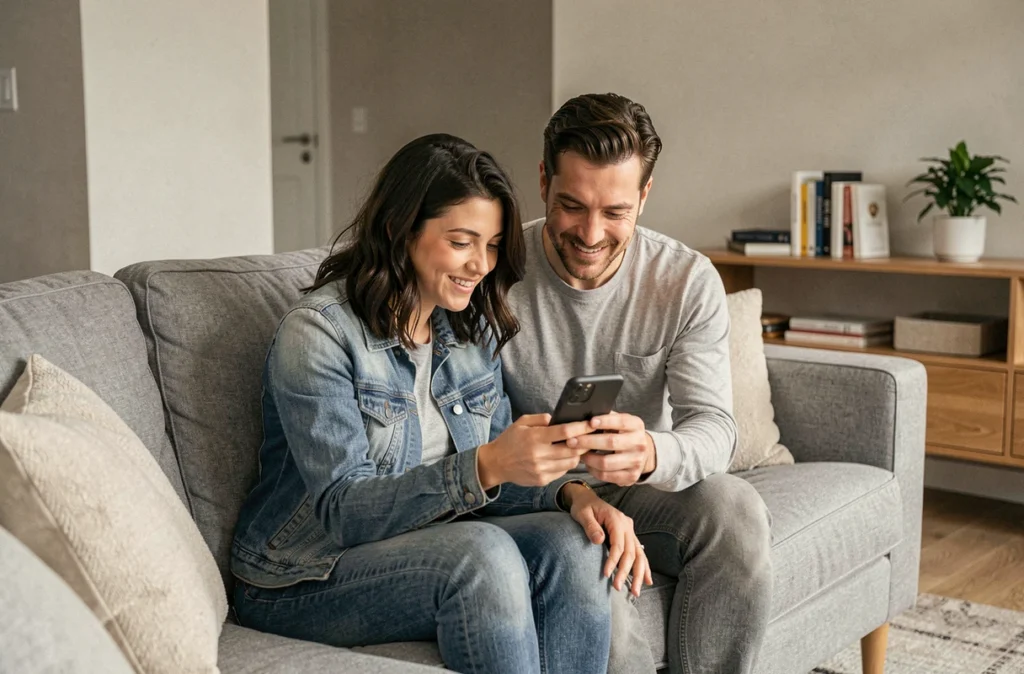 Couple configurant l'application RED&Moi ensemble sur un smartphone dans leur salon