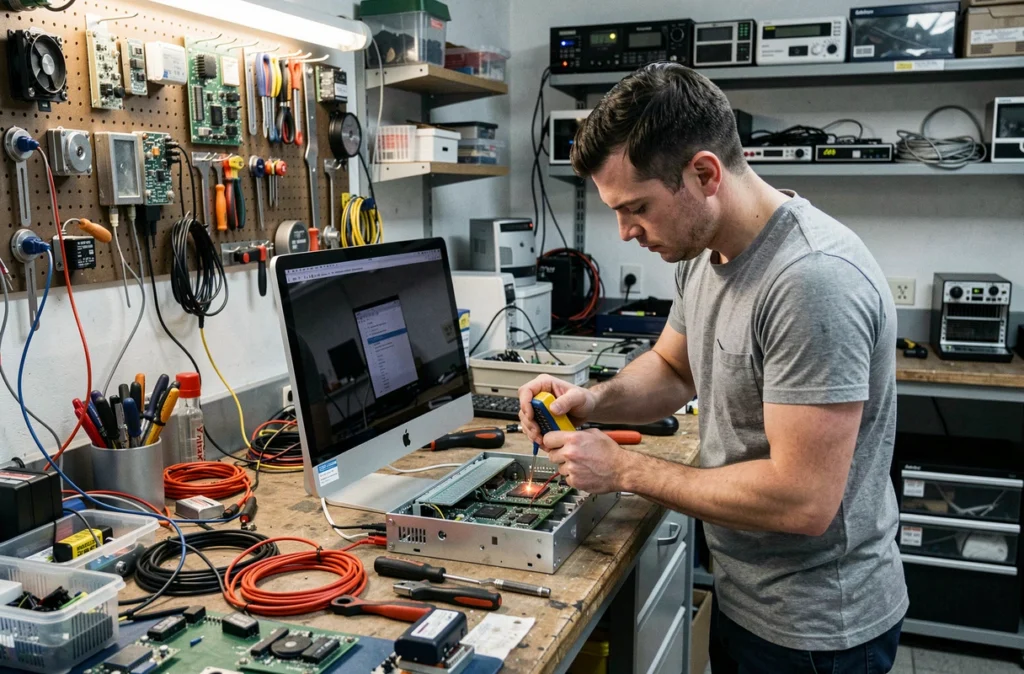 Technicien de Cyber Maintenance Informatique à Nanterre testant des composants d'un iMac ouvert avec un multimètre