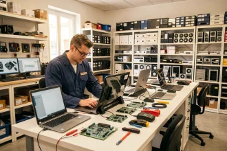 Technicien informatique professionnel travaillant dans un atelier de dépannage informatique en Haute-Garonne