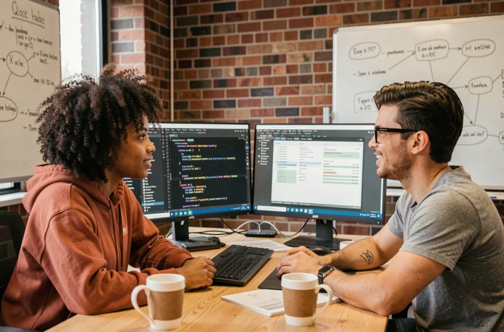 Deux développeurs logiciels collaborant sur des pratiques de sécurité et la gestion de vulnérabilités dans un bureau de startup
