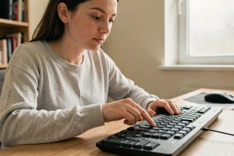 Femme cherchant le symbole dièse sur un clavier AZERTY d'ordinateur de bureau