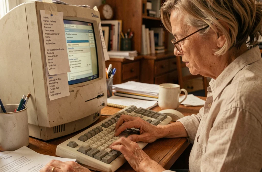 Femme mature utilisant la touche Alt Gr pour taper le symbole dièse sur un clavier d'ordinateur