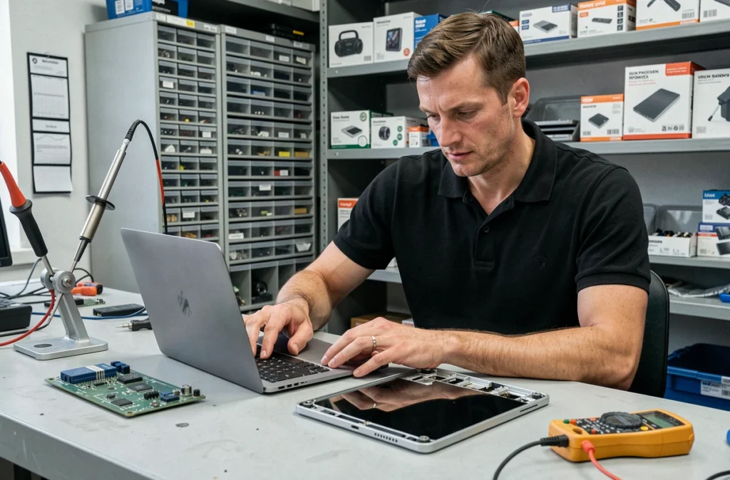Technicien de Home Electricity réparant simultanément un ordinateur portable et une tablette à Lille