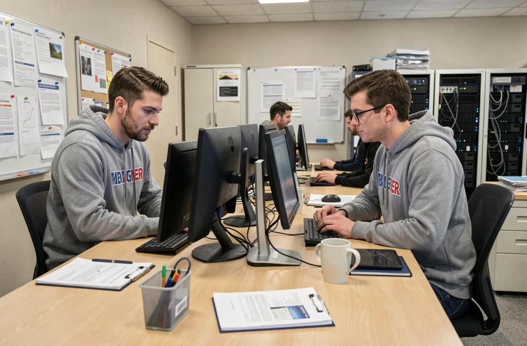 Techniciens d'Infocoop.fr collaborant dans un espace de travail coopératif autour de plusieurs ordinateurs