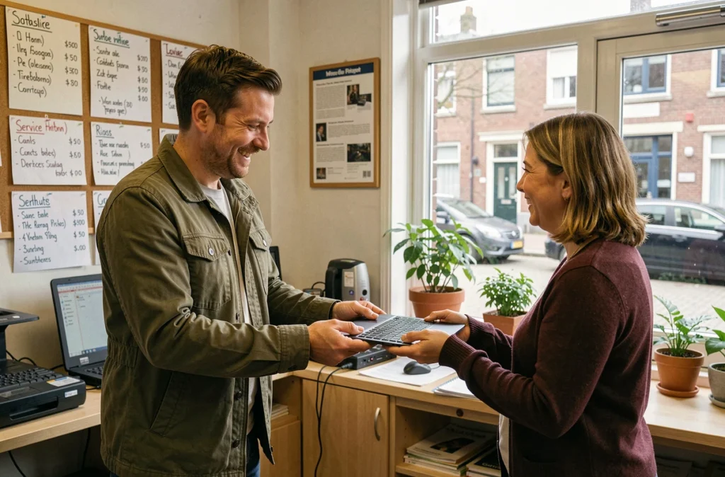 Technicien d'Informatique59 Lille remettant un ordinateur réparé à une cliente dans une boutique de proximité