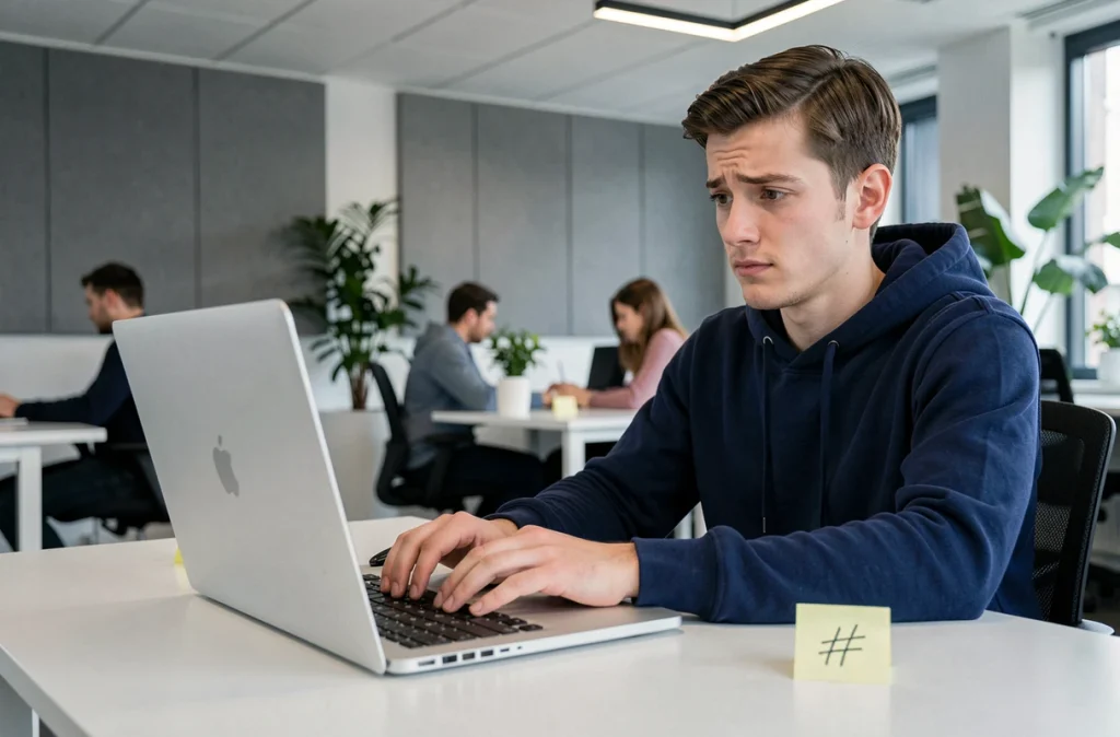 Jeune homme perplexe devant son ordinateur portable cherchant le caractère dièse sur le clavier