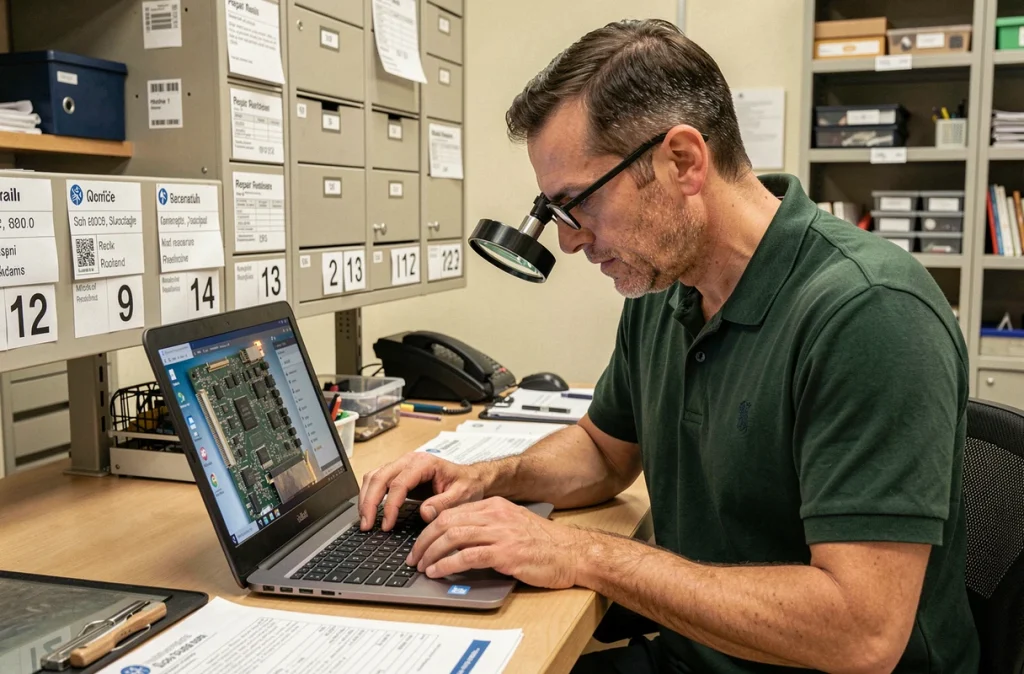 Technicien du 18 Informatique examinant une carte mère d'ordinateur portable dans son centre de service