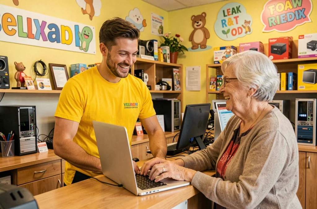 Technicien du Clavier Qui Sourit aidant une cliente âgée avec son ordinateur portable en boutique