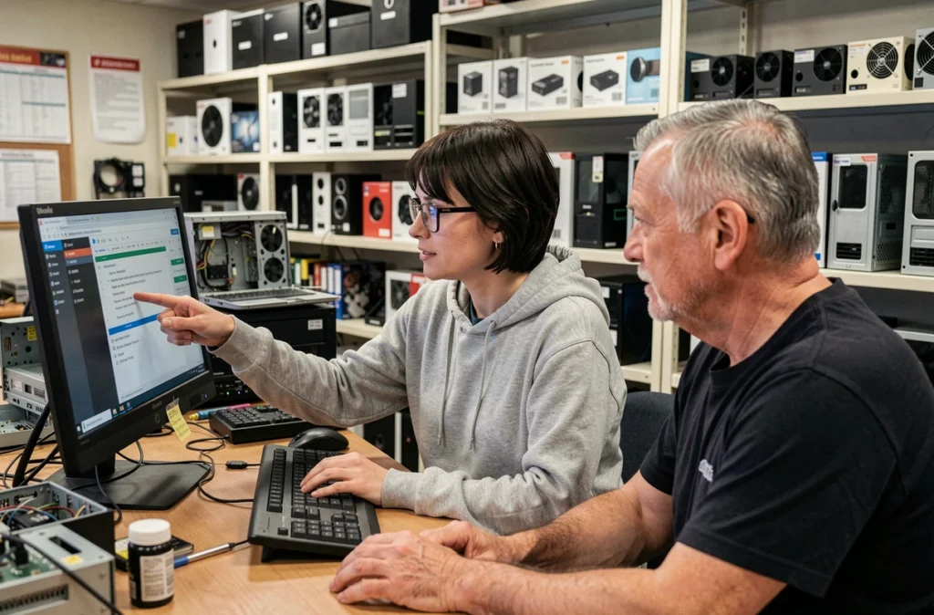 Technicienne de Ma Boutique Micro conseillant un client pour un dépannage informatique à Lille