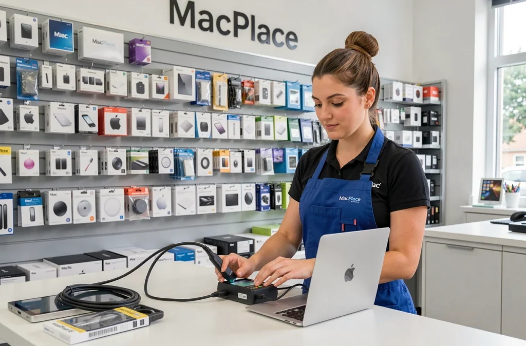 Technicienne chez MacPlace connectant un MacBook Air à un outil de diagnostic dans un atelier lumineux