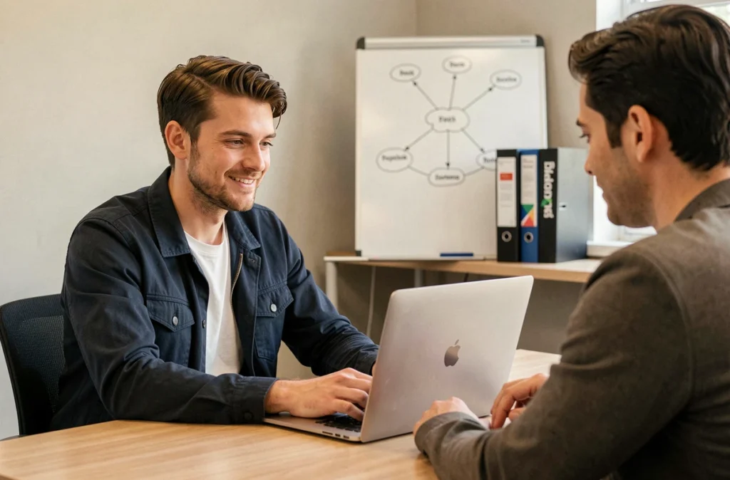 Conseiller de Mad Informatique présentant des solutions informatiques à un client dans les Hauts-de-France