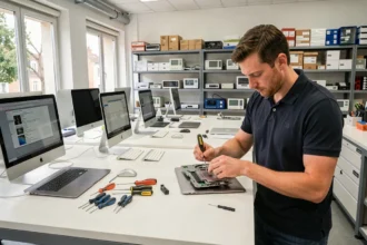 Atelier de réparation Mac professionnel dans les Hauts-de-Seine avec techniciens au travail sur des MacBook
