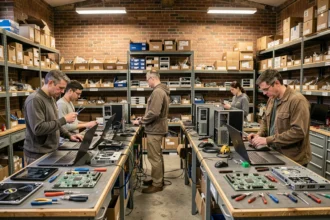 Atelier de réparation informatique dans les Hauts-de-France avec techniciens au travail sur des ordinateurs démontés