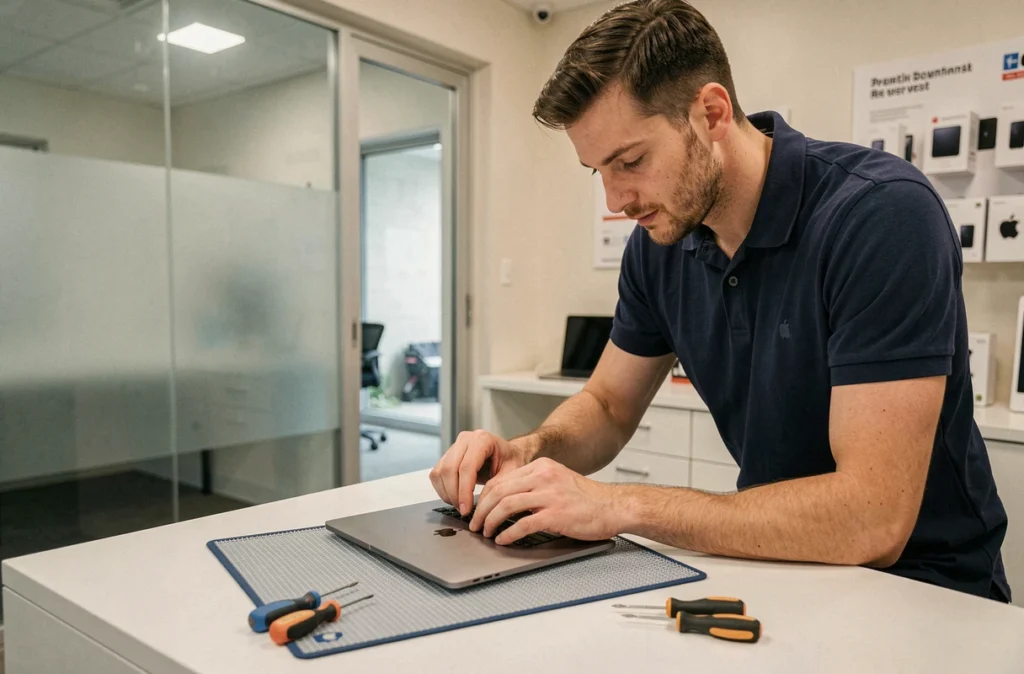 Technicien spécialisé réparant un MacBook Pro dans la boutique Microsix Plus à Lille
