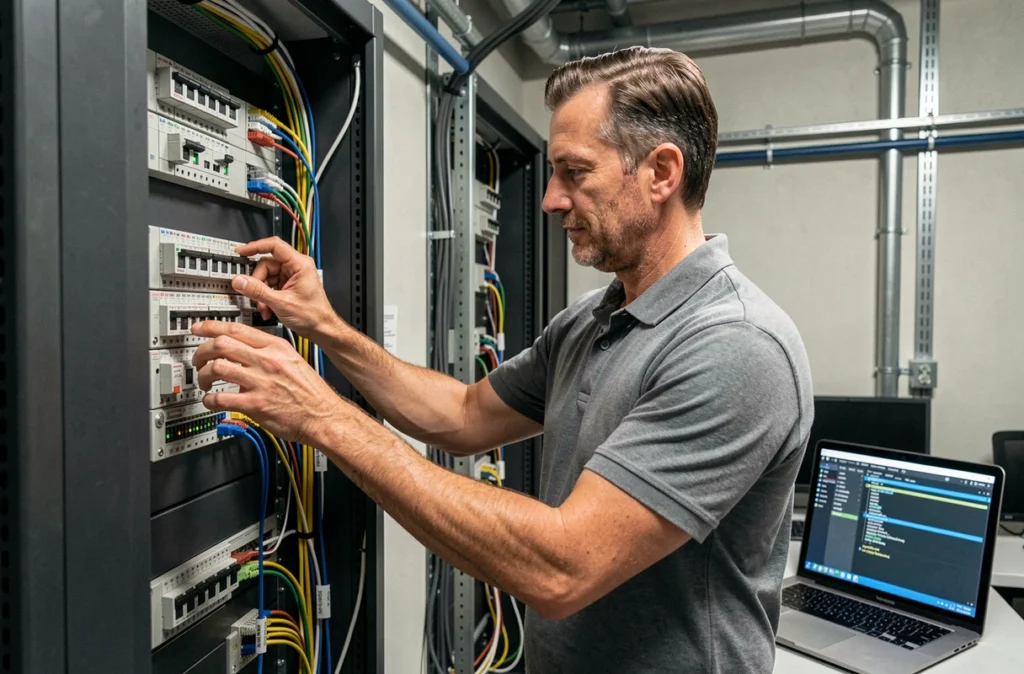 Technicien Nebsystem installant un équipement réseau dans une entreprise à Lille