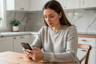 Femme consultant l'application RED&Moi sur son smartphone dans une cuisine moderne
