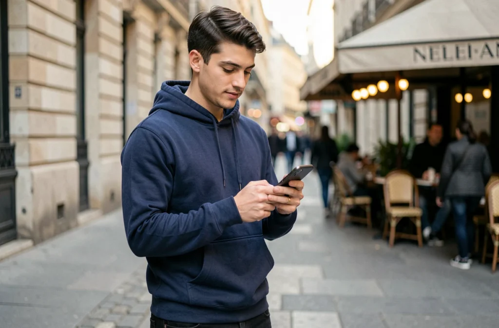 Homme utilisant l'application RED&Moi dans une rue parisienne avec son smartphone