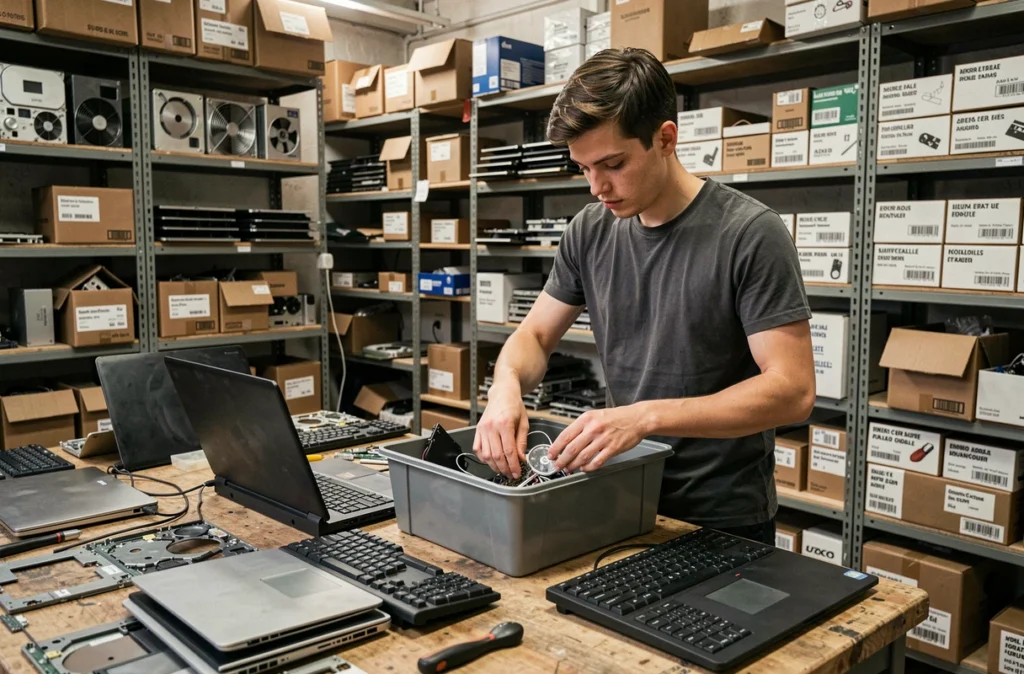 Technicien de PC Clinic59 triant des pièces détachées pour ordinateur portable à Roubaix